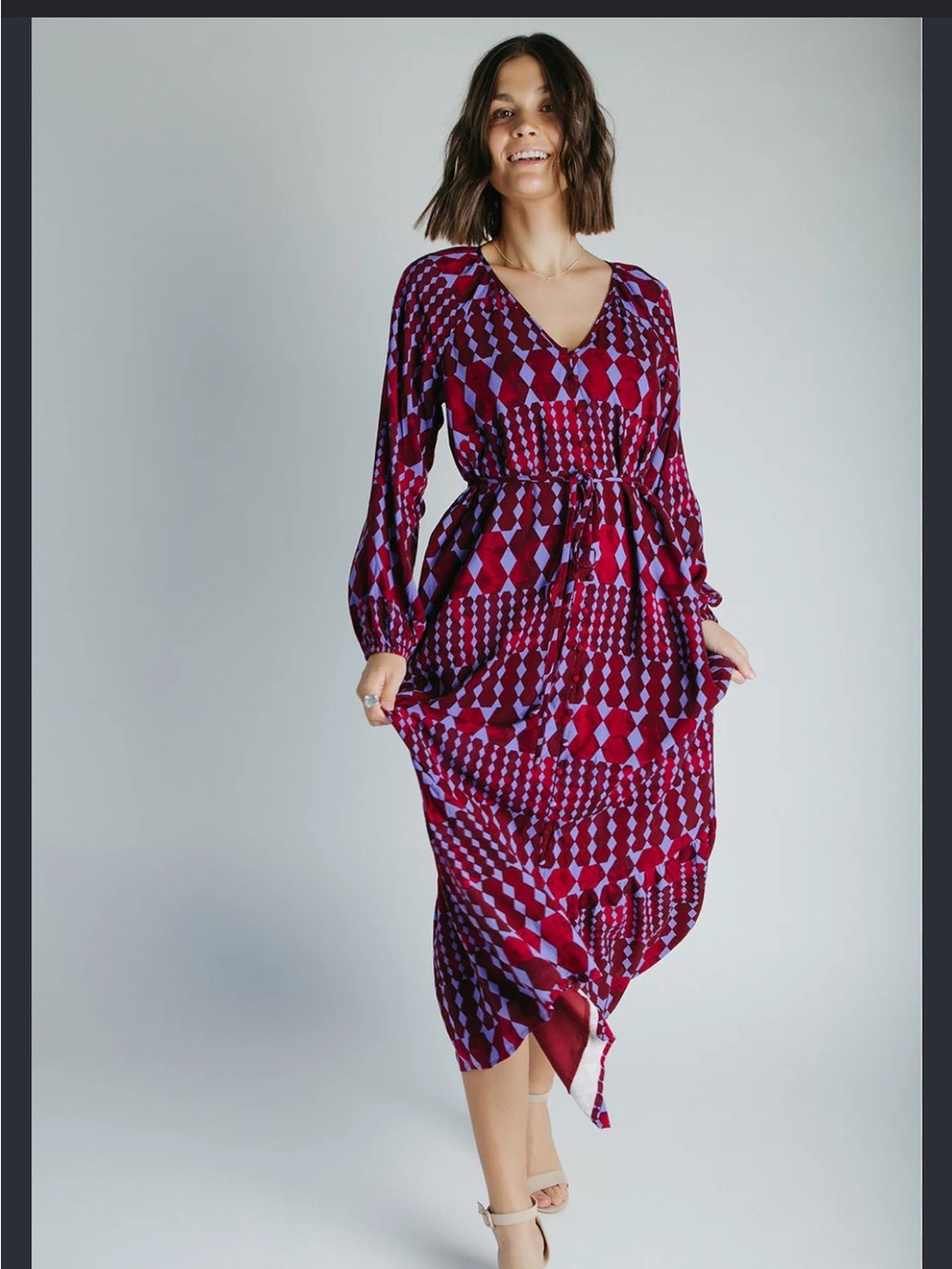 Sugarlips Red & Purple Geometric V-Neck Maxi Dress Ramsay Abstract Larrie Button